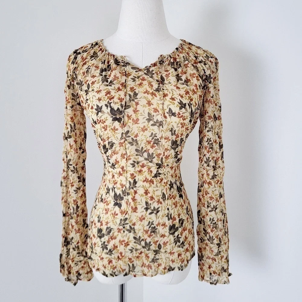 Y2K Long Sleeve Sheer Floral Blouse Size XS Tan Milkmaid - Picture 11 of 13